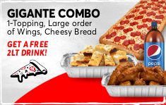 Gigante 1 topping, large order of Wings, cheesy bread and FREE 2LT Drink